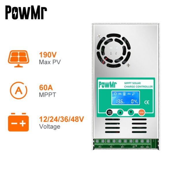 PowMr MPPT 60A Solar Charge Controller Solar Panel Regulator 12V 24V 36V 48V Auto Max PV 190VDC For Lead Acid Lithium Battery